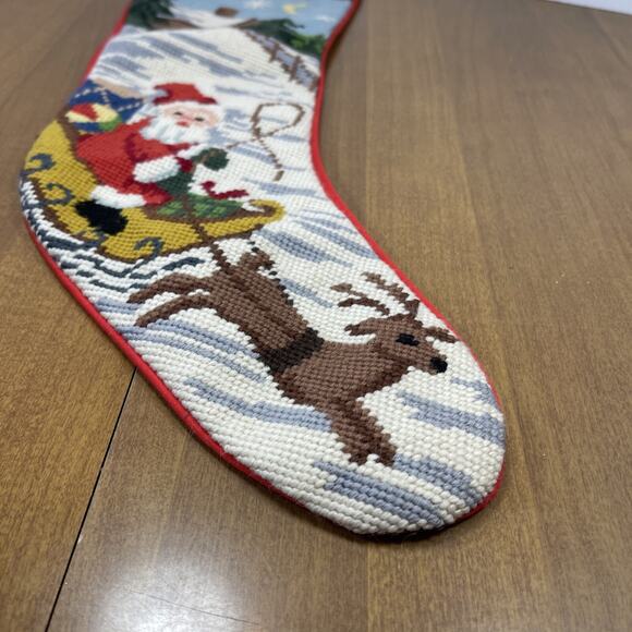 Vintage Needlepoint Christmas Stocking Santa Sleigh Reindeer Red Fabric Back - Picture 3 of 11